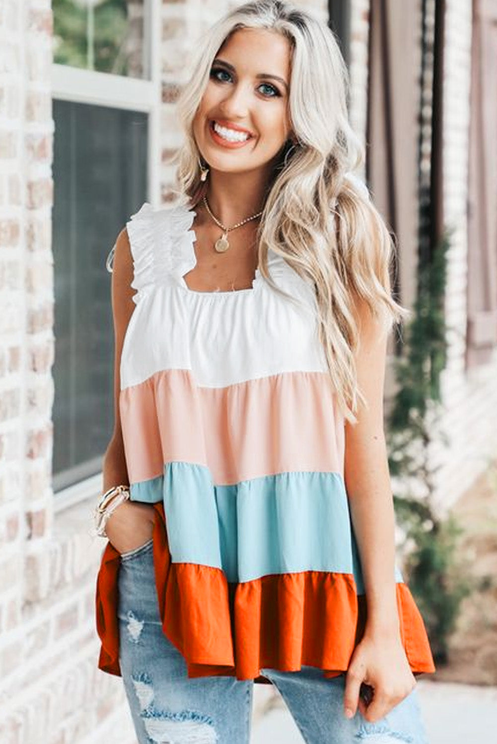 Color Block Frill Straps Sleeveless Shirt