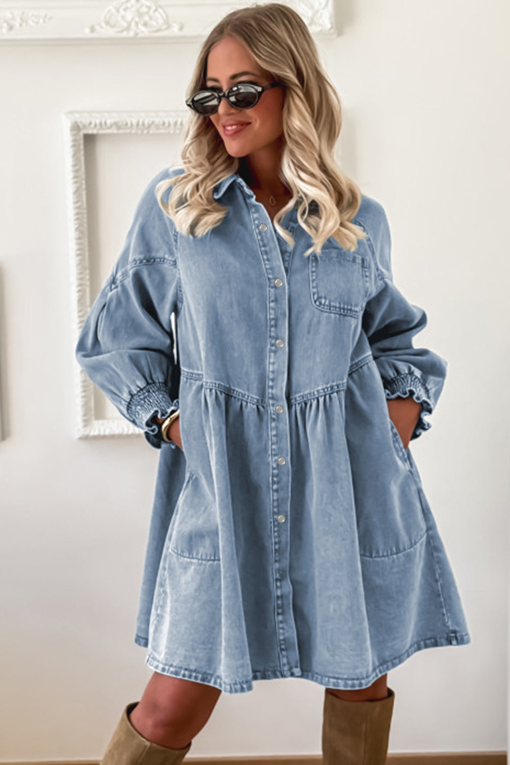 Beau Blue Smocked Cuffs Flared Denim Shirt Mini Dress