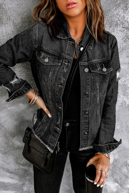 Black Distressed Raw Hem Denim Jacket