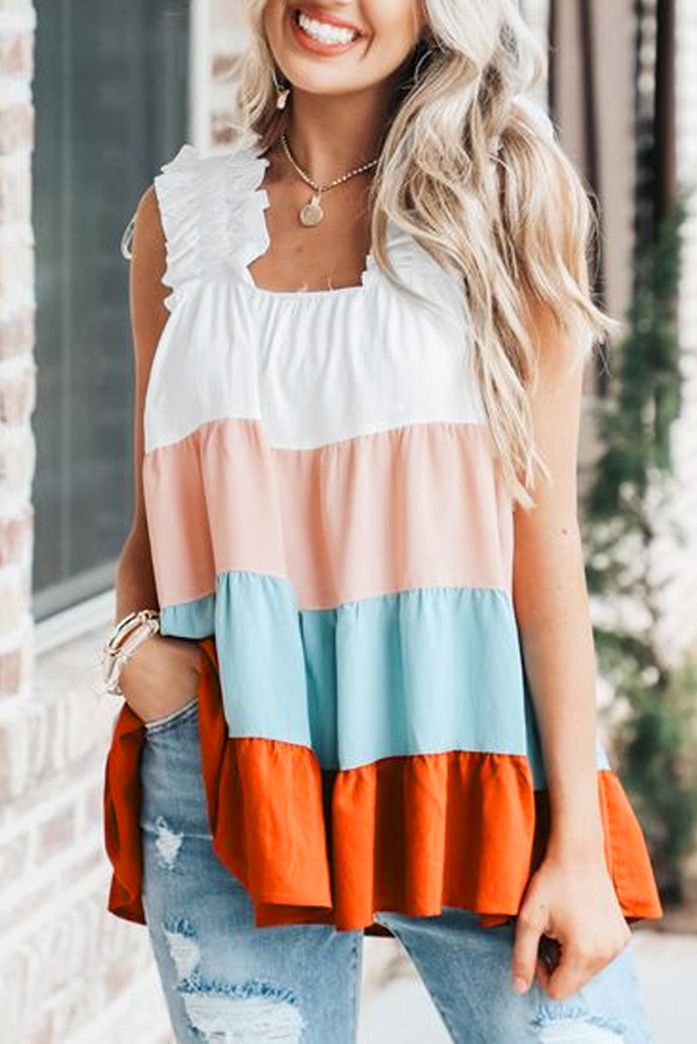 Color Block Frill Straps Sleeveless Shirt