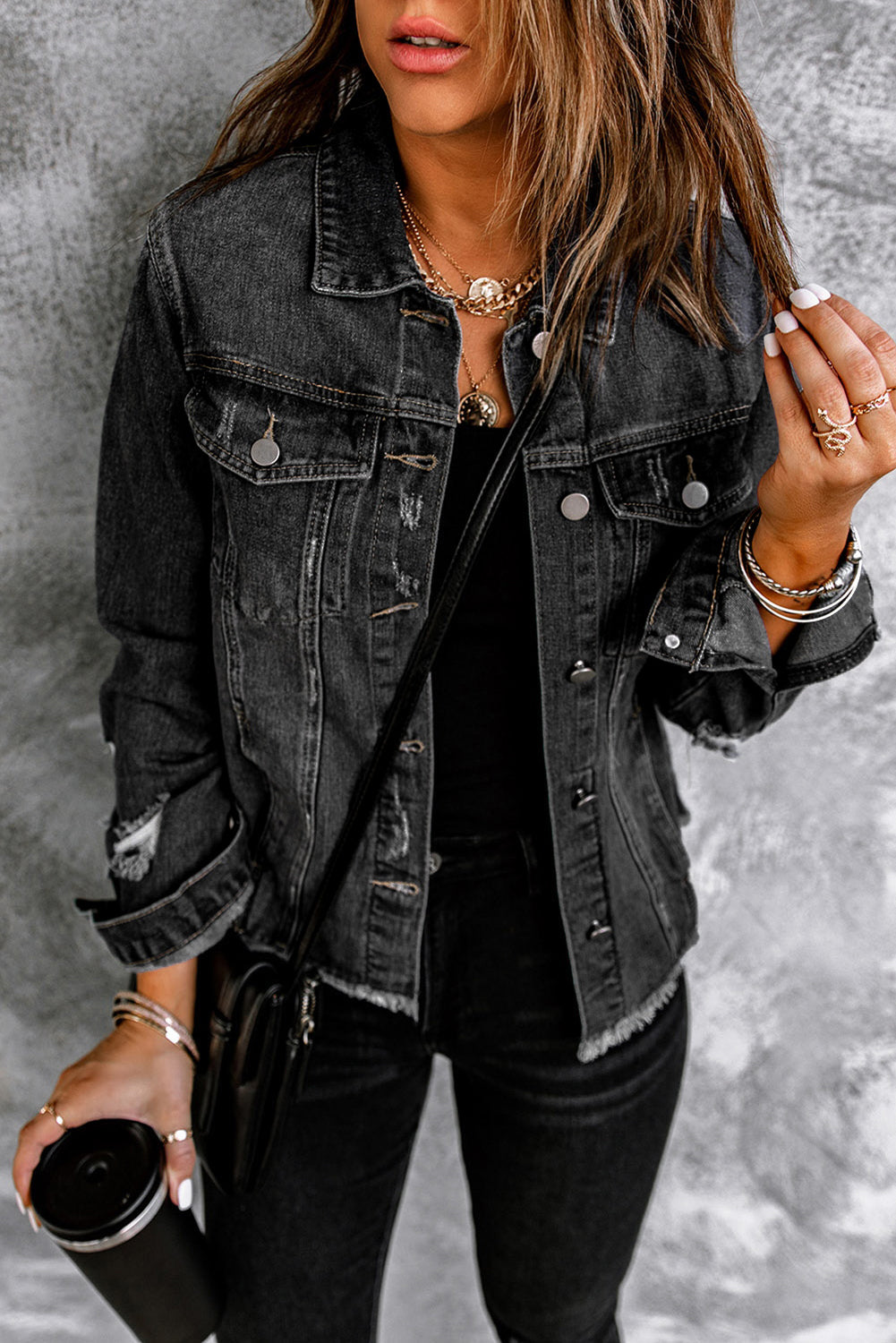 Black Distressed Raw Hem Denim Jacket