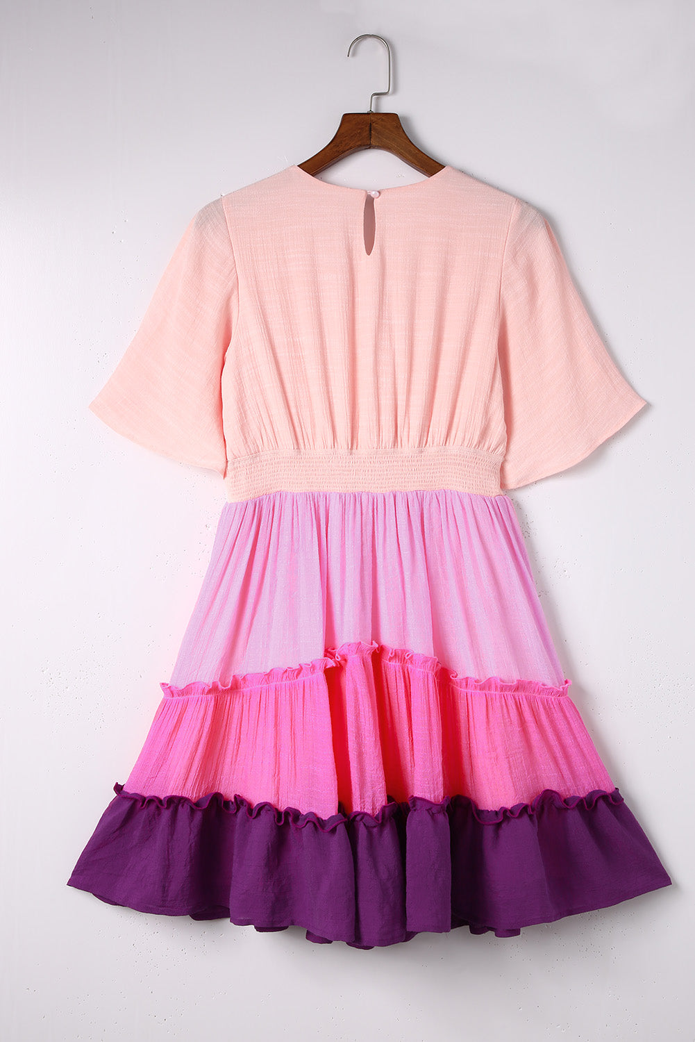 Pink Ombre Colorblock V Neck Tiered Short Dress