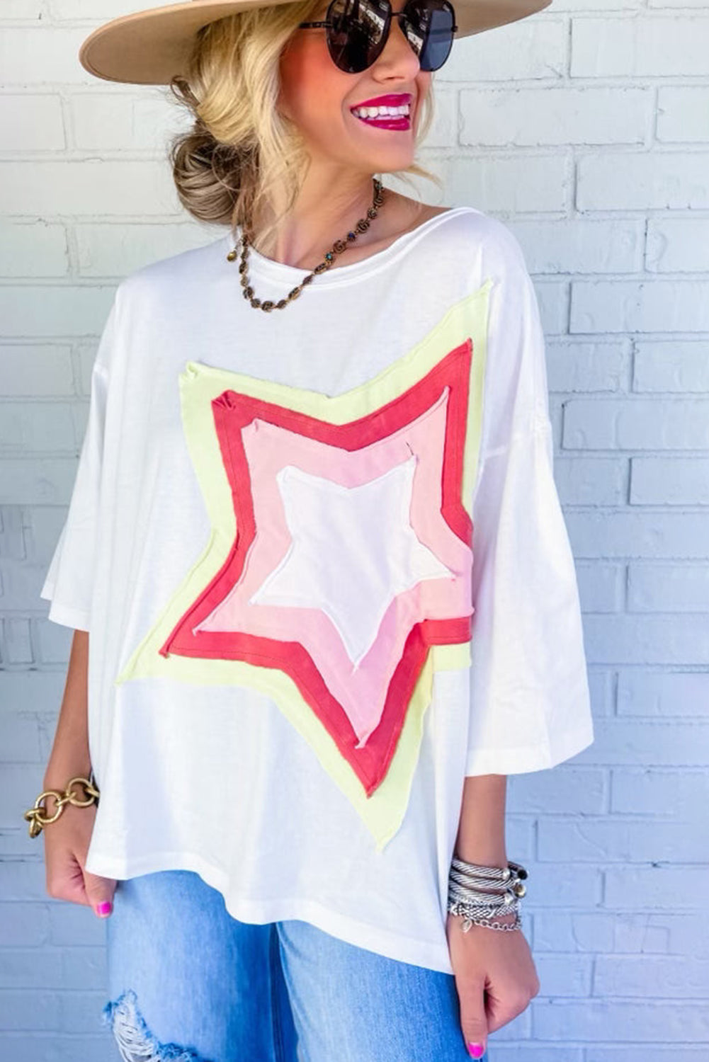 Light Pink Colorblock Star Patched Half Sleeve Oversized Tee