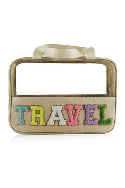 Black TRAVEL Chenille Letter Clear PVC Makeup Bag