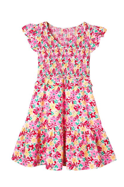 Multicolor Smocked Bodice Ruffle Trim Floral Short Dress