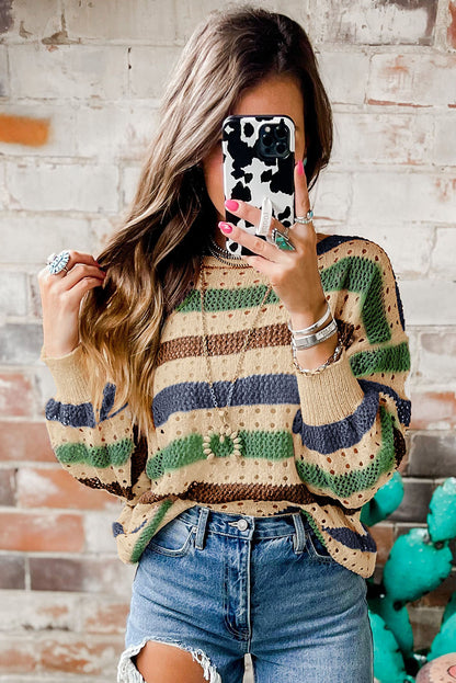 Multicolor Striped Hollowed Knitted Loose Sweater