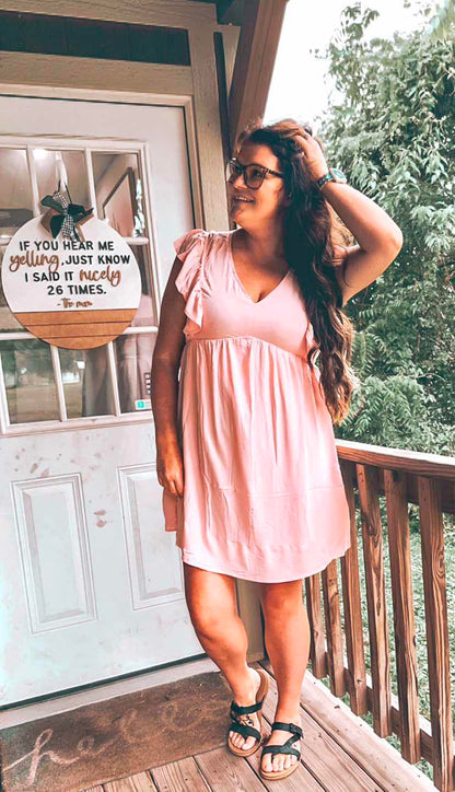 Pink Ruffle Short Sleeve V Neck Pocket Short Babydoll Dress