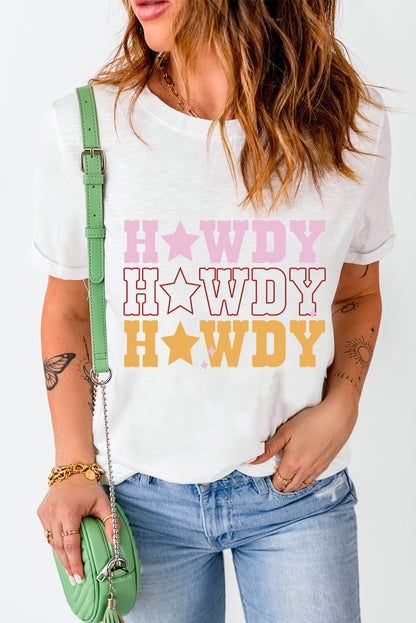 White Casual HOWDY Stars Graphic Crew Neck T Shirt