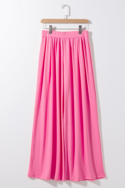 Strawberry Pink Plain Slim Fit Crop Top And Wide Leg Pants Set