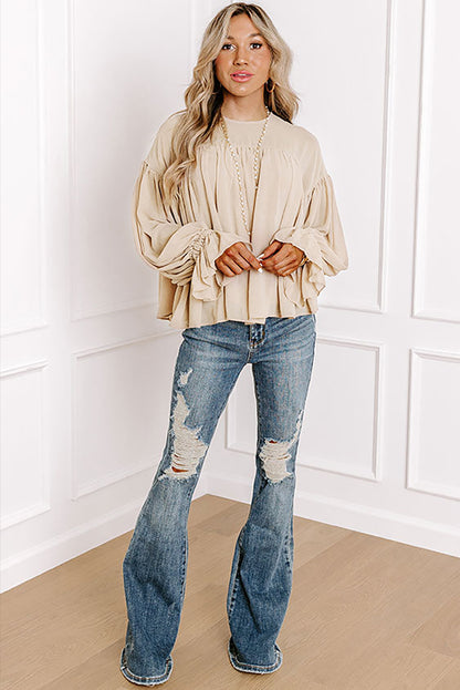 Parchment Pleated Ruffle Long Sleeve Chiffon Blouse