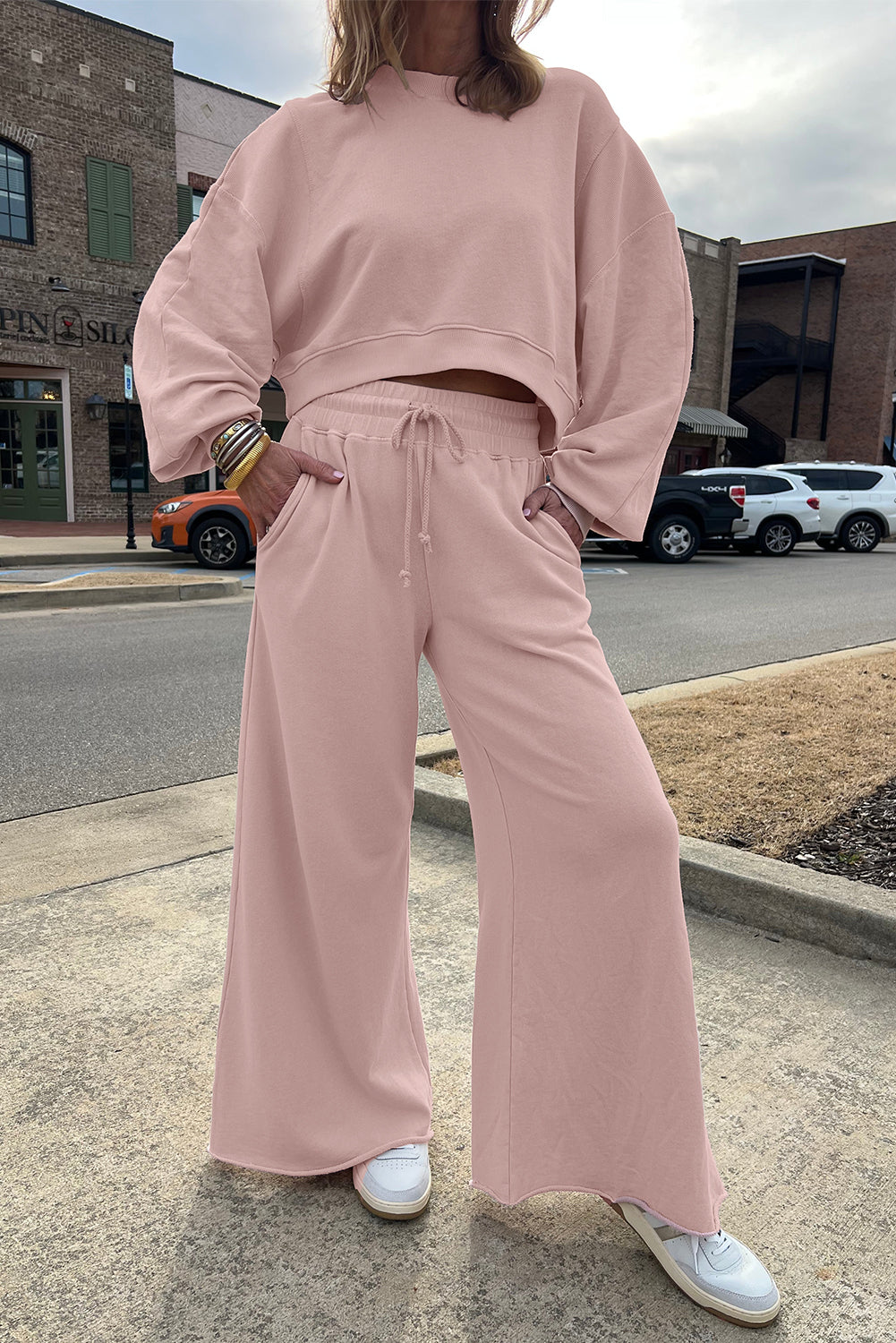 Mist Blue Drop Shoulder Crop Pullover Drawstring Wide Leg Pants Set