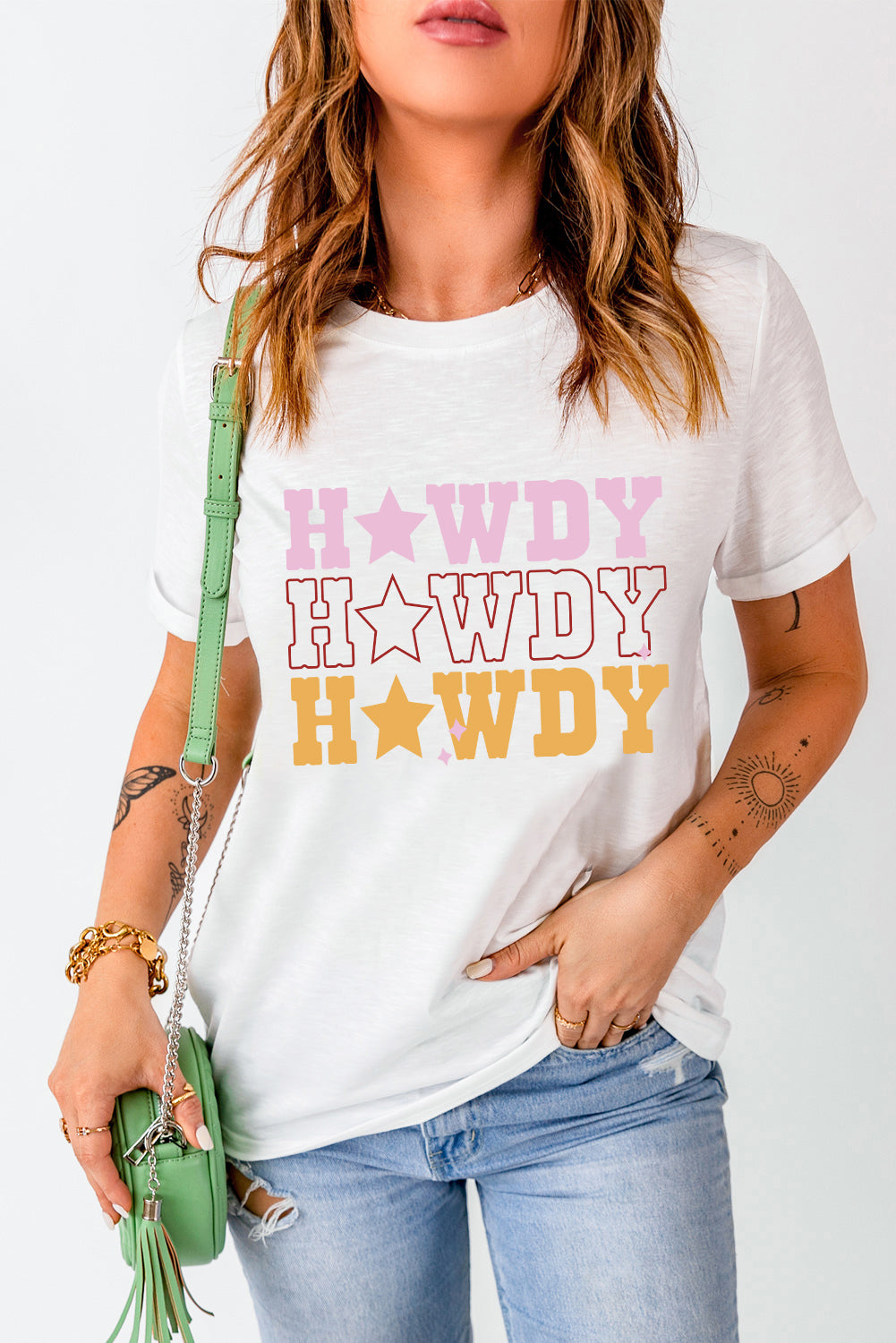 White Casual HOWDY Stars Graphic Crew Neck T Shirt