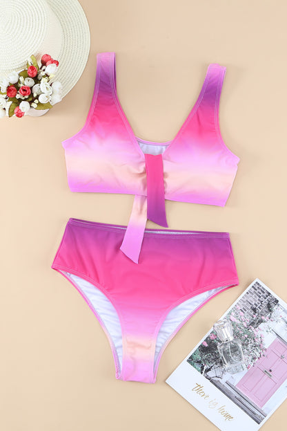 Purple Gradient Color Knotted V Neck Bikini Set