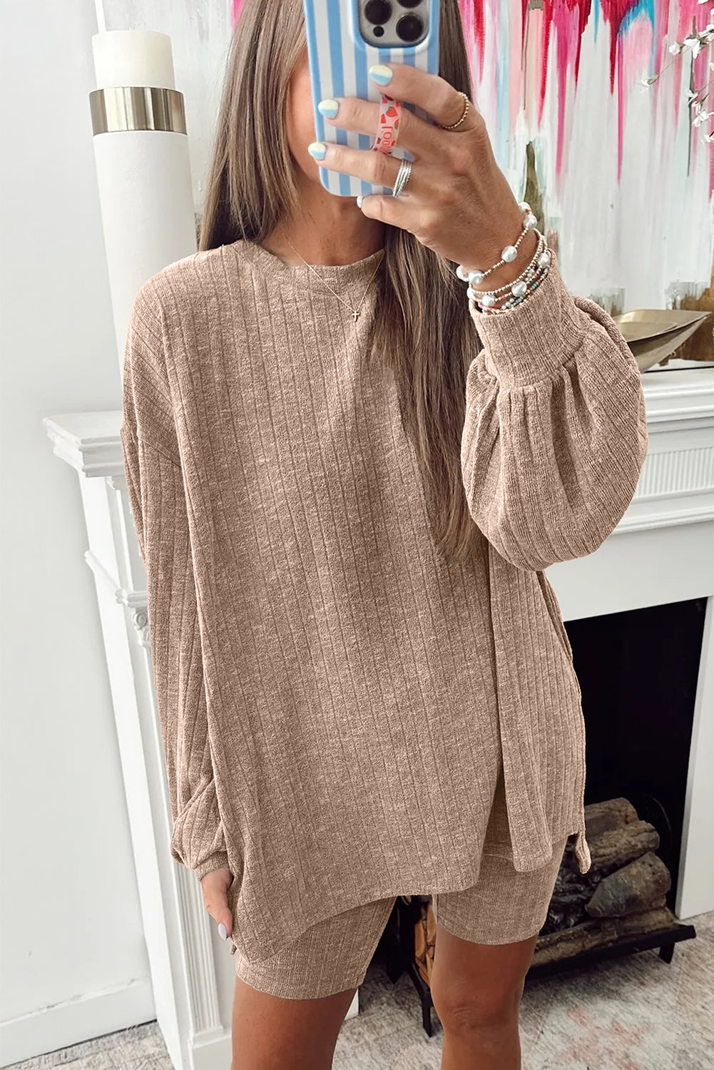 Dark Khaki Ribbed Balloon Sleeve Pullover Top and Biker Knitted Shorts Set