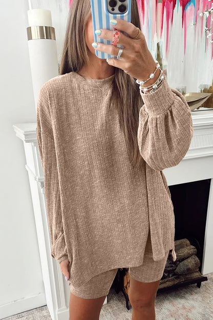 Dark Khaki Ribbed Balloon Sleeve Pullover Top and Biker Knitted Shorts Set