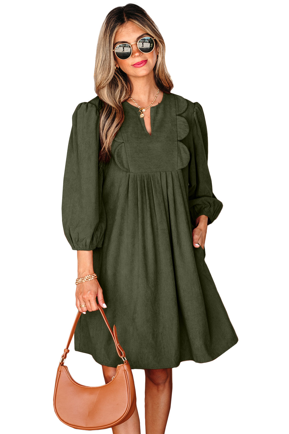 Moss Green Split Neck Scallop Detail Pleated Corduroy Mini Dress
