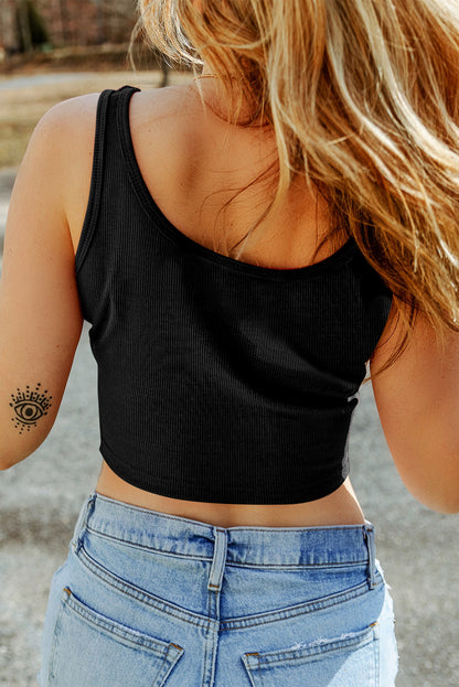 Black Solid Color Ribbed Knit Crop Tank Top