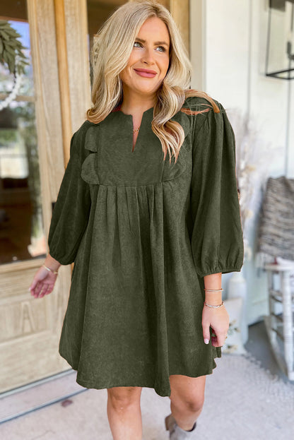Moss Green Split Neck Scallop Detail Pleated Corduroy Mini Dress