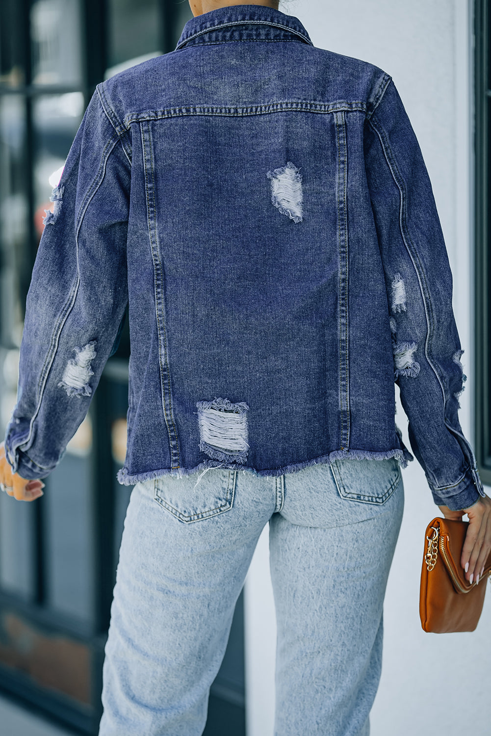 Black Distressed Raw Hem Denim Jacket