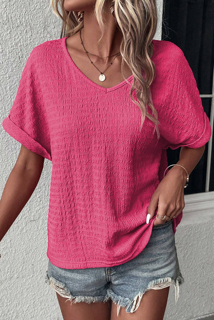 Bright Textured Rolled Short Sleeve V Neck Top