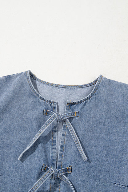 Dusk Blue Bowknot Puff Sleeve Denim Dress