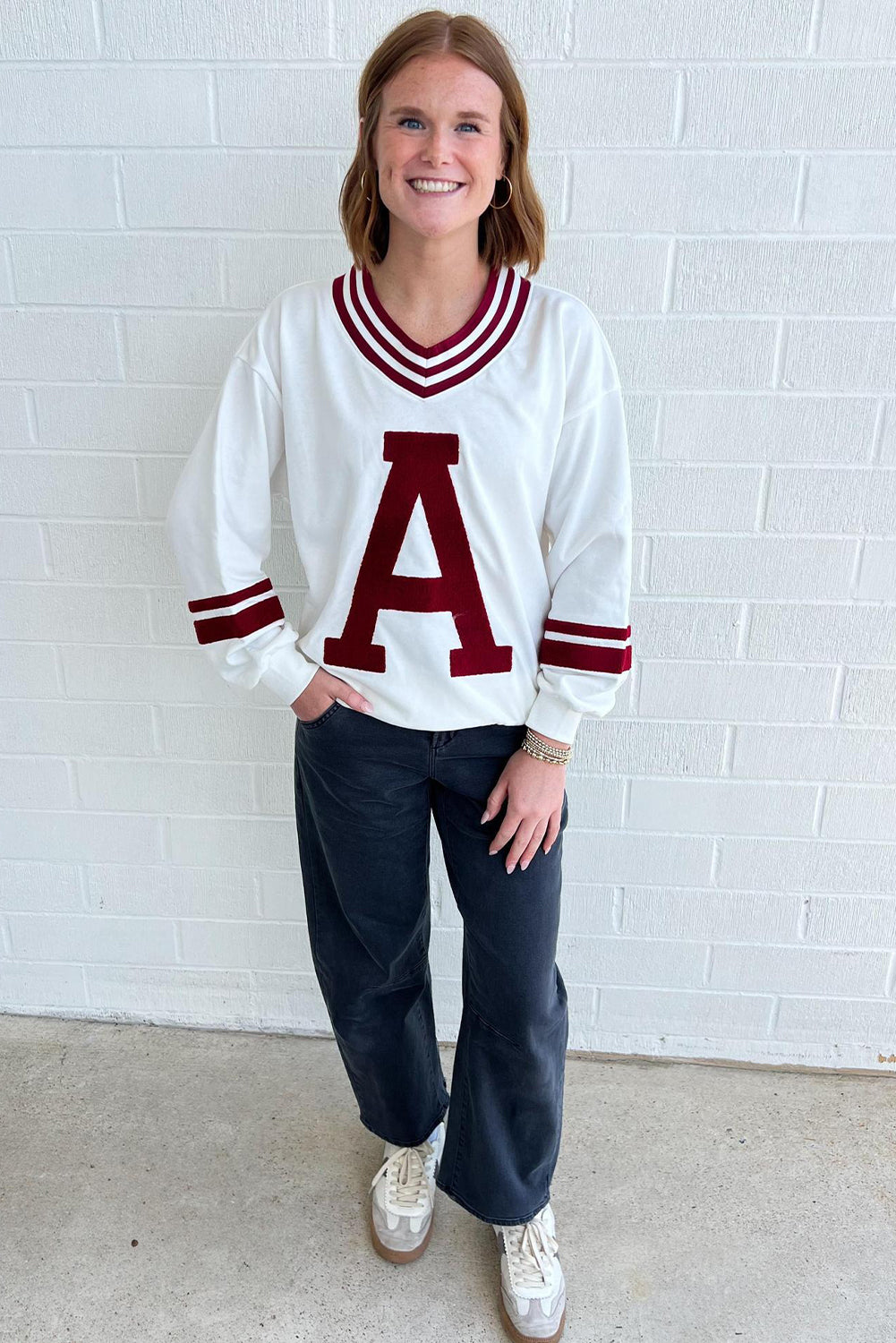 Red Dahlia Chenille Letter A Varsity Striped V Neck Sweatshirt