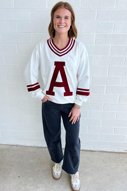 Red Dahlia Chenille Letter A Varsity Striped V Neck Sweatshirt