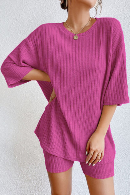 Pink Ribbed Knit Drop Shoulder T Shirt & Shorts Set