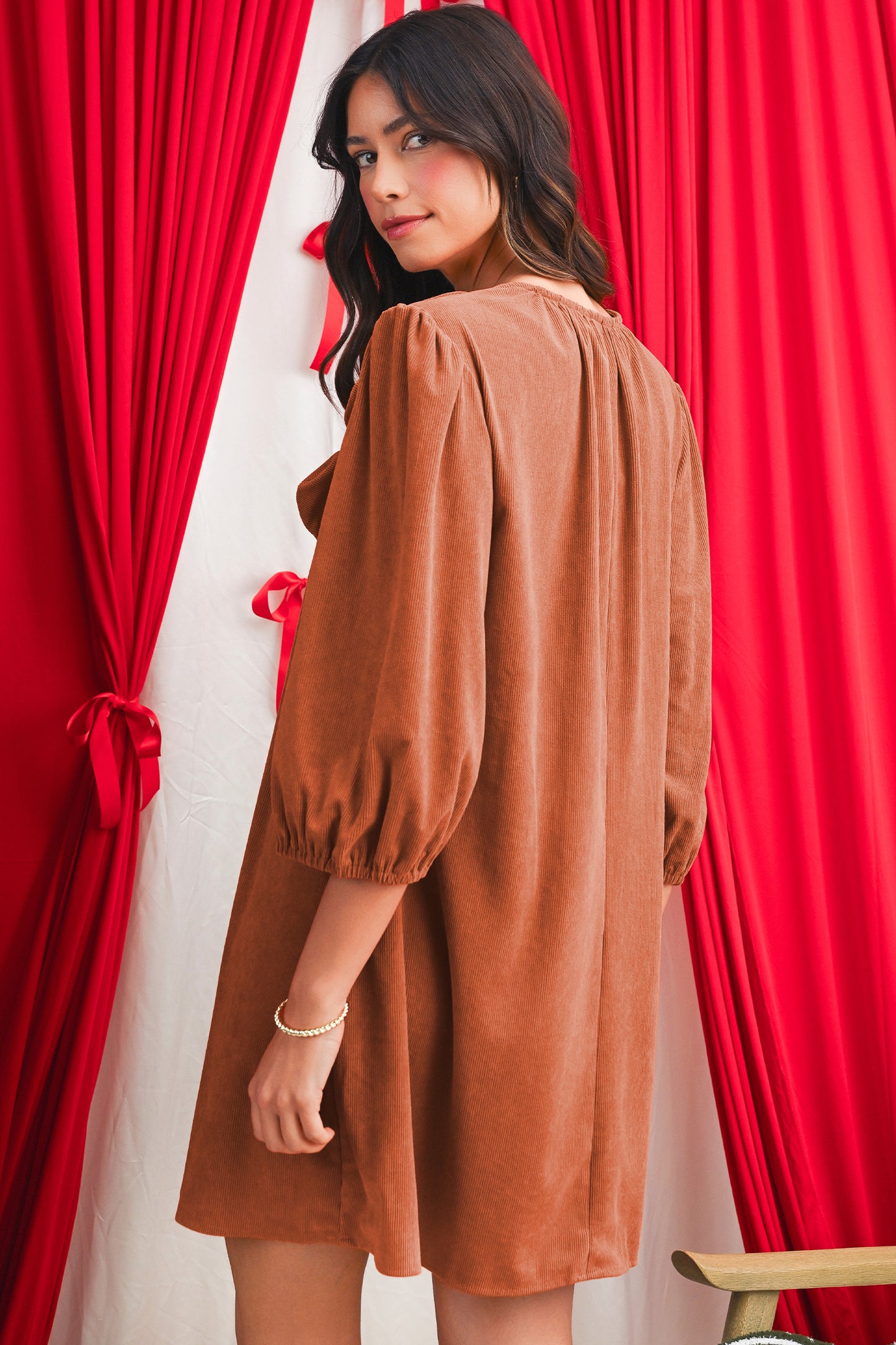 Moss Green Split Neck Scallop Detail Pleated Corduroy Mini Dress