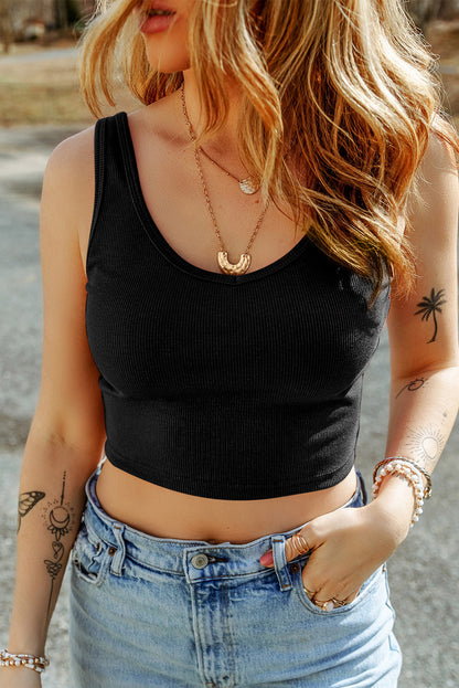 Black Solid Color Ribbed Knit Crop Tank Top