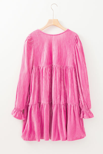 Strawberry Pink Flounce Sleeve Tiered Ruffled Velvet Mini Dress