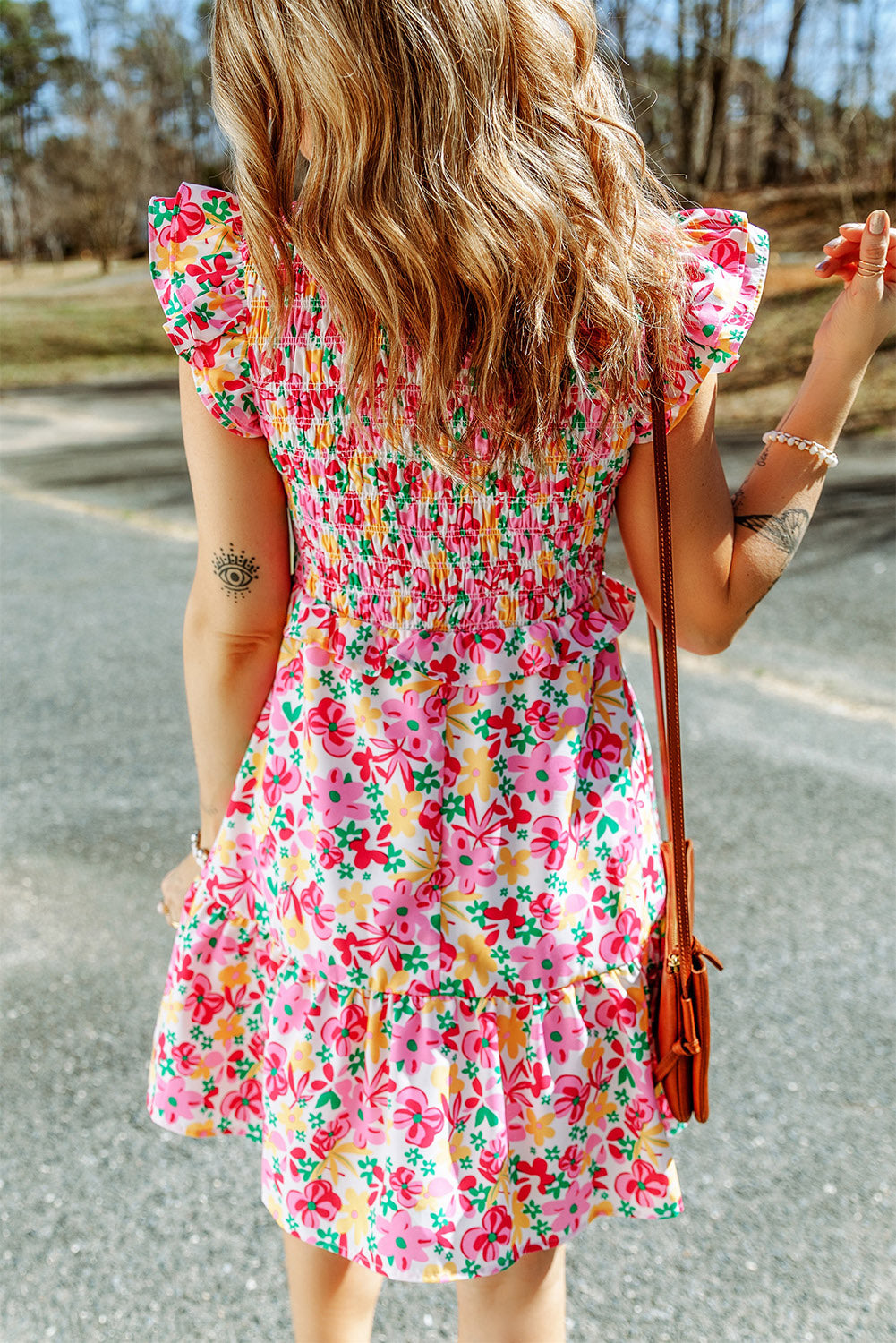 Multicolor Smocked Bodice Ruffle Trim Floral Short Dress