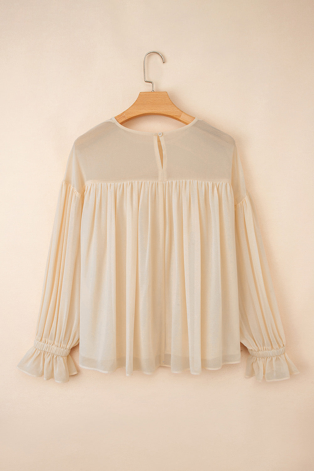 Parchment Pleated Ruffle Long Sleeve Chiffon Blouse