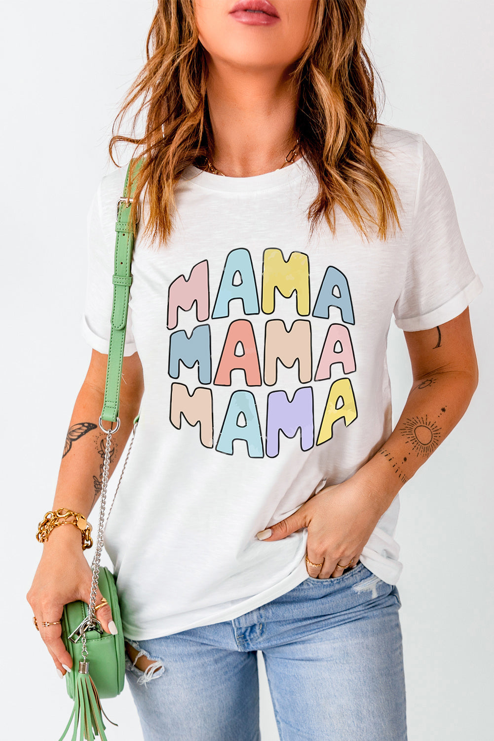 White Casual MAMA Slogan Graphic Crew Neck T Shirt