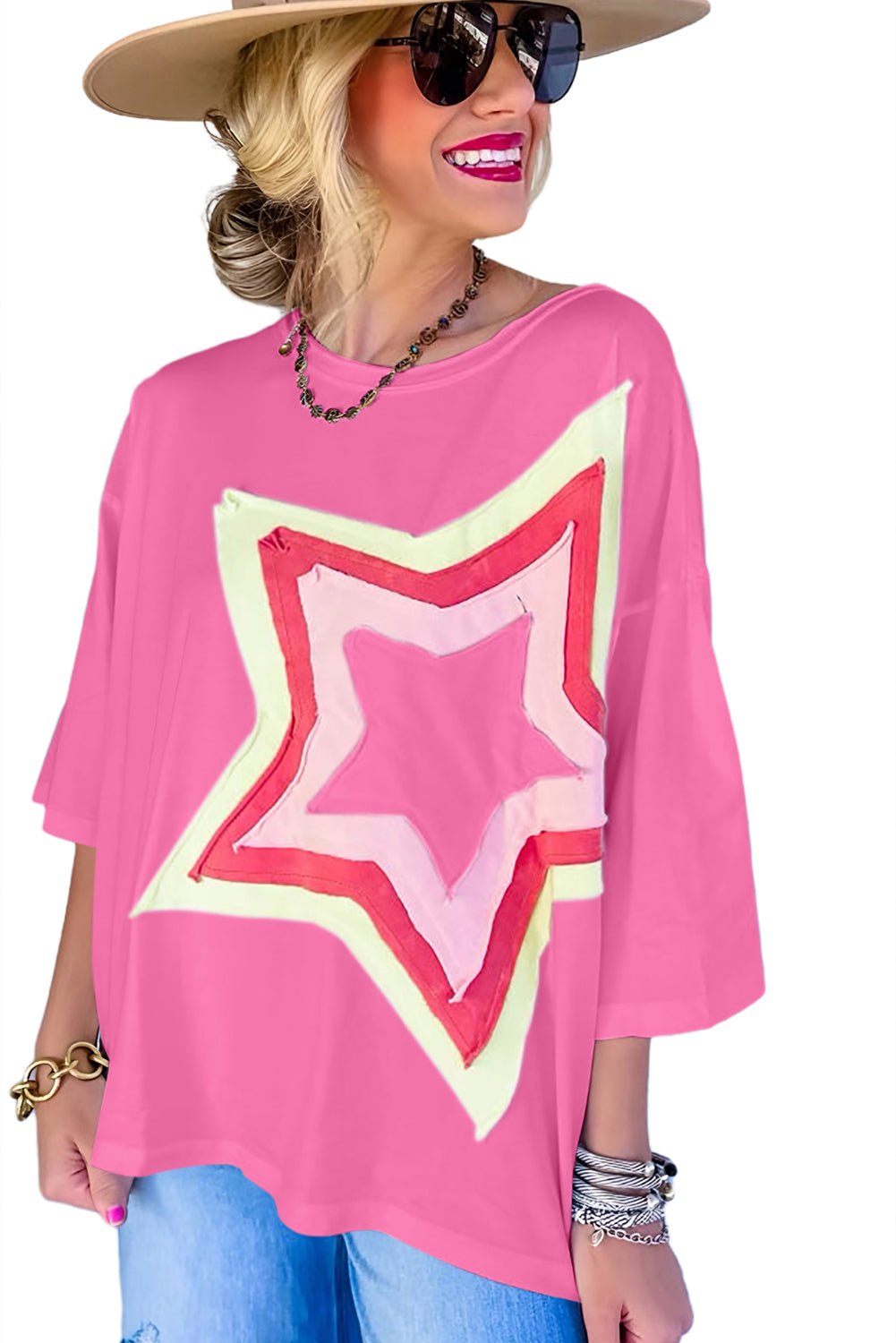 Light Pink Colorblock Star Patched Half Sleeve Oversized Tee