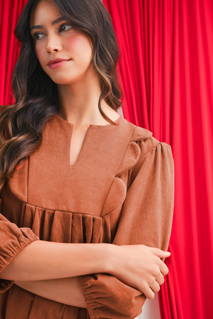 Moss Green Split Neck Scallop Detail Pleated Corduroy Mini Dress