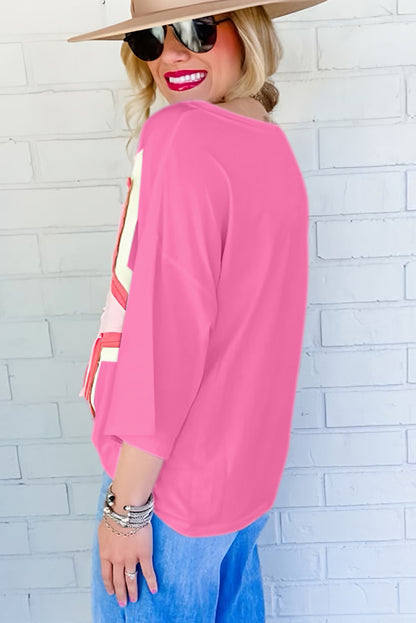 Light Pink Colorblock Star Patched Half Sleeve Oversized Tee