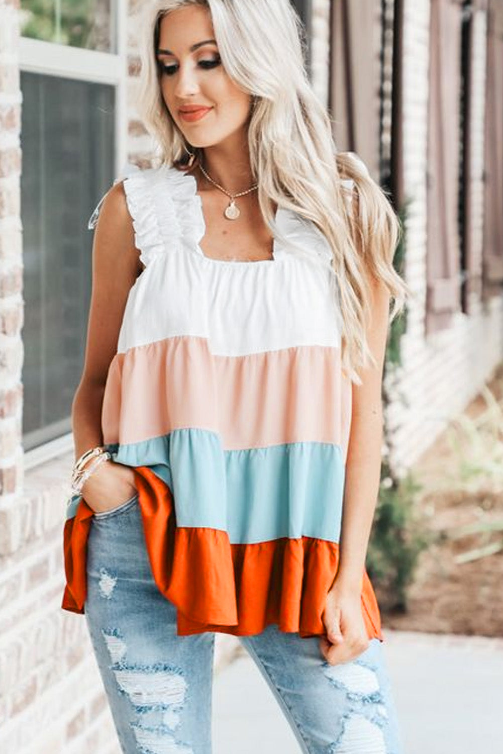 Color Block Frill Straps Sleeveless Shirt