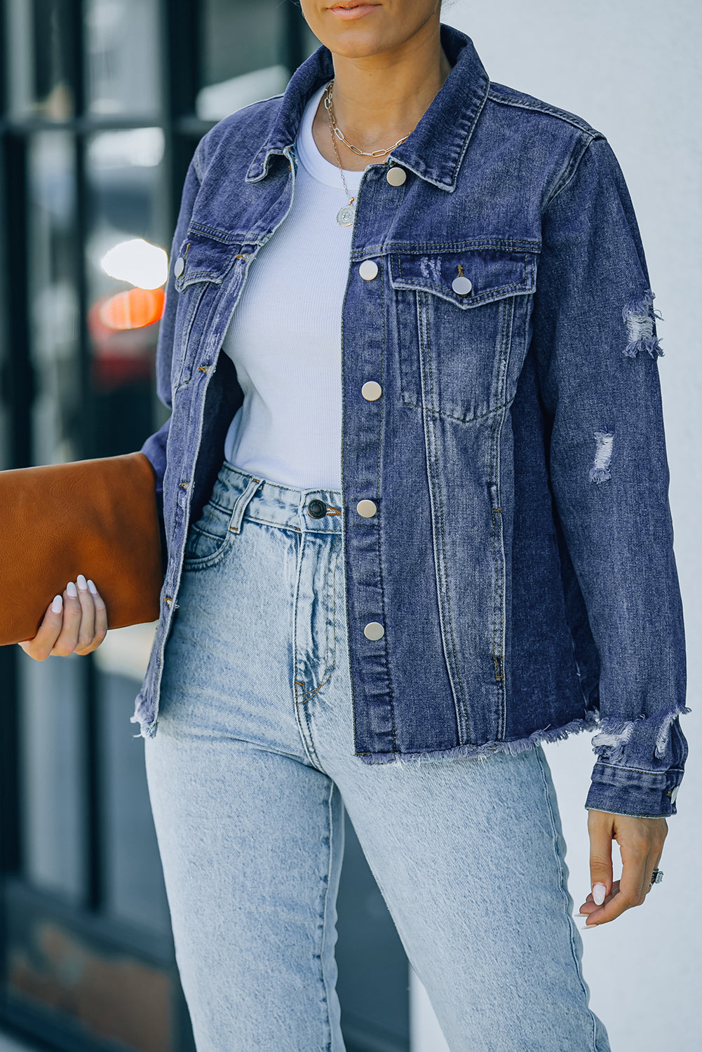 Black Distressed Raw Hem Denim Jacket