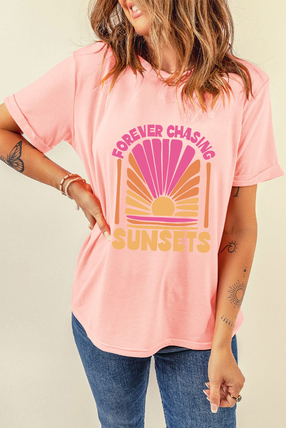 Pink FOREVER CHASING SUNSET Graphic Round Neck T Shirt