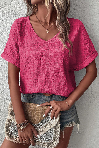 Bright Textured Rolled Short Sleeve V Neck Top