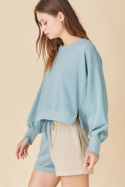 Sky Blue Split Hem Sweatshirt Color Block Shorts Set