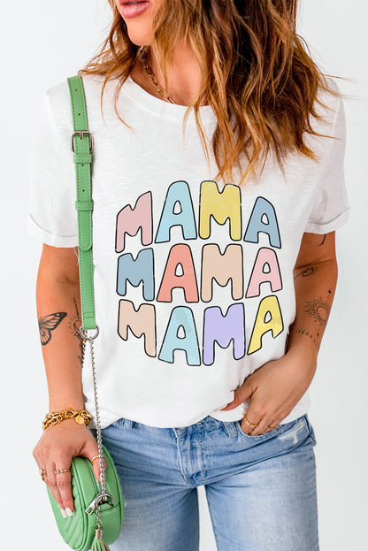 White Casual MAMA Slogan Graphic Crew Neck T Shirt