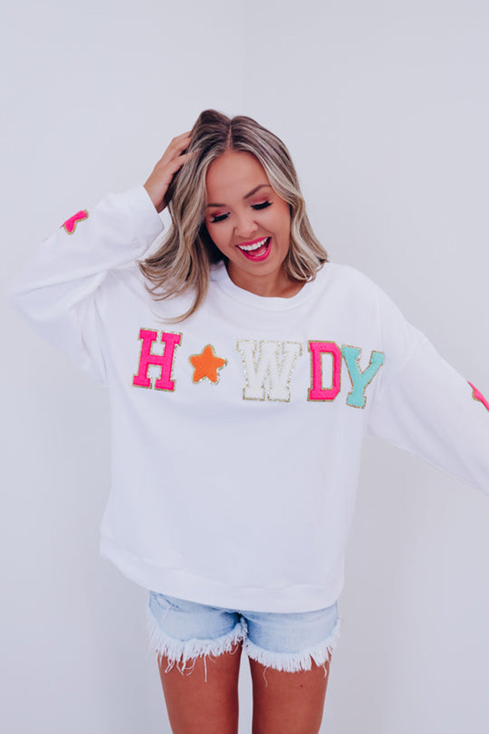 White Glitter Howdy Patch Casual Star Sweatshirt