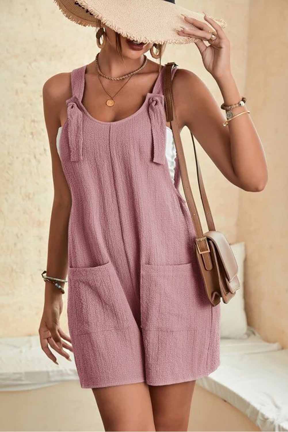 Sky Blue Shoulder Strap Pocket Textured Romper