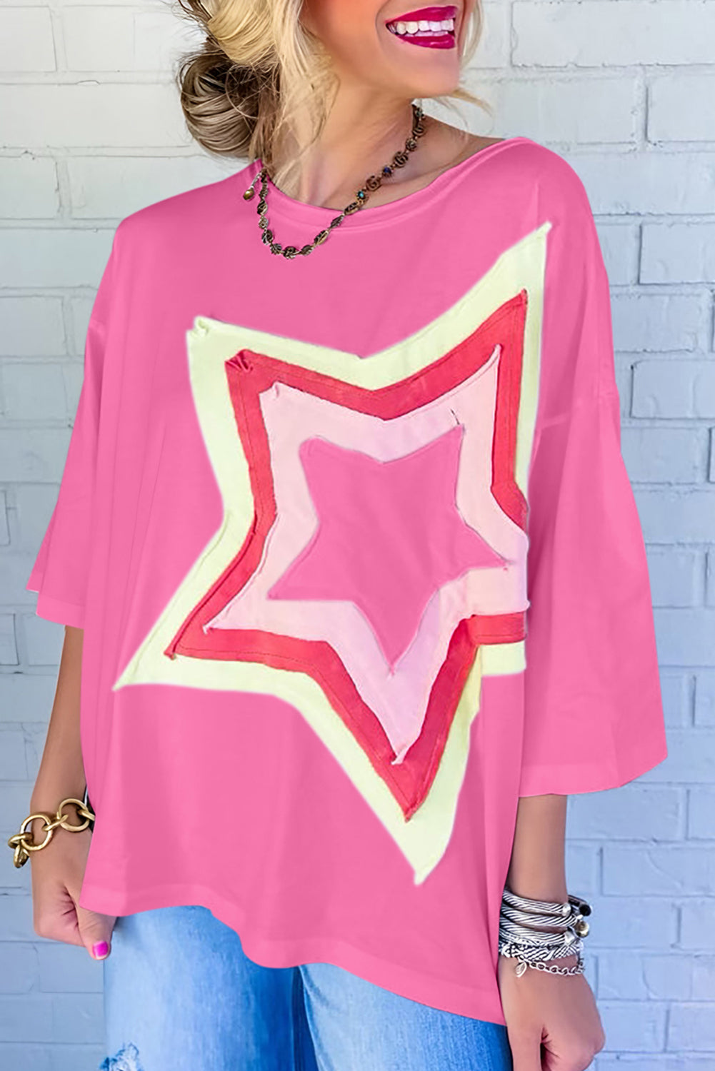 Light Pink Colorblock Star Patched Half Sleeve Oversized Tee