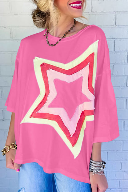 Light Pink Colorblock Star Patched Half Sleeve Oversized Tee