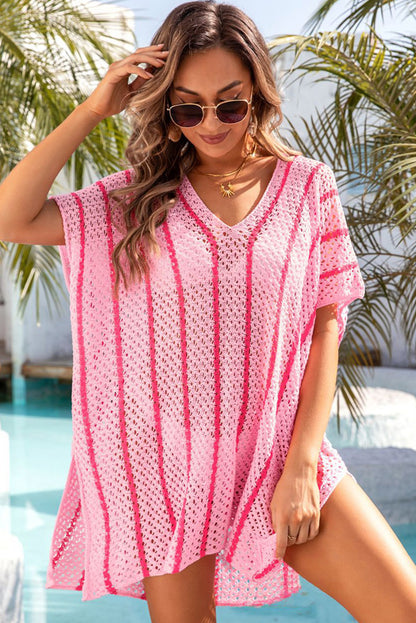 Pink Striped Crochet Loose Fit V Neck Beach Cover Up