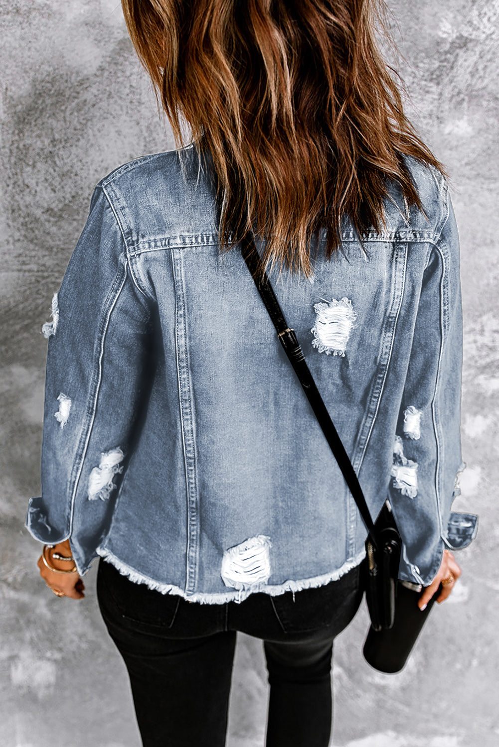 Black Distressed Raw Hem Denim Jacket