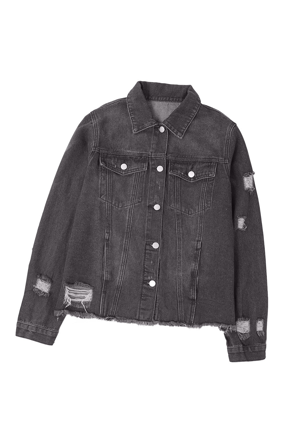 Black Distressed Raw Hem Denim Jacket